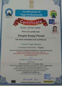 Sangita's Yogasutra certificate